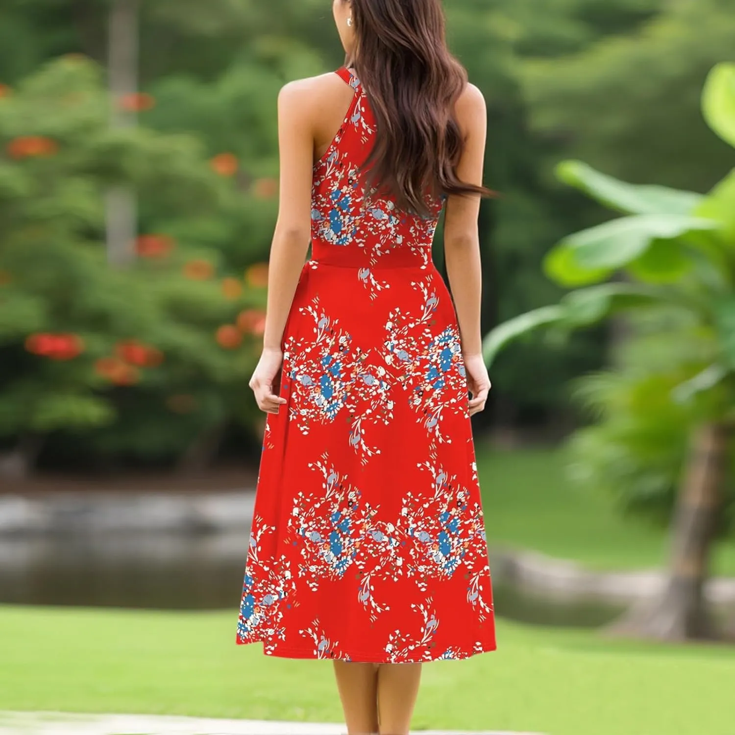 Women's Casual Fashion Halter Crew Neck Floral Print Basic Sleeveless Loose Boho Belt Ruffle Swing Hem Midi Sundress