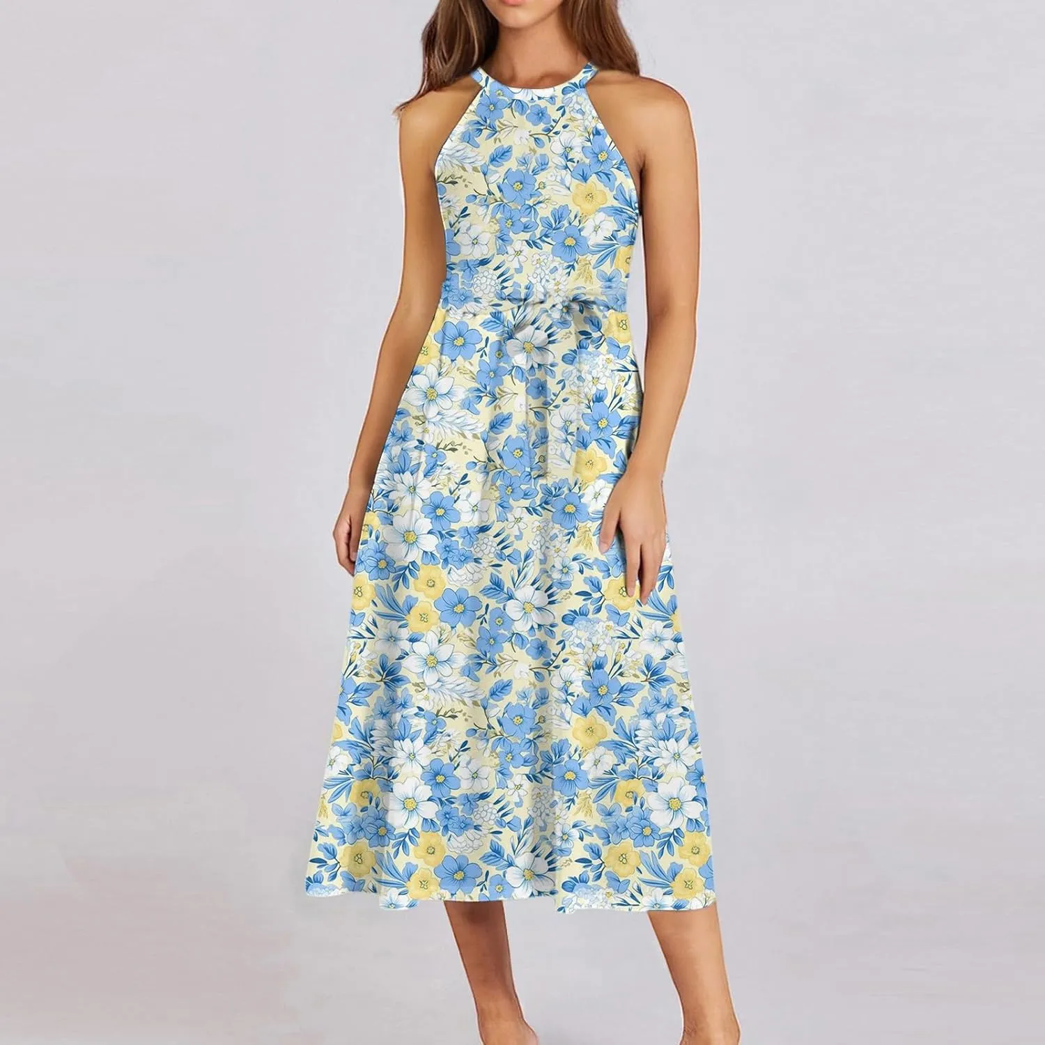 Women's Casual Fashion Halter Crew Neck Floral Print Basic Sleeveless Loose Boho Belt Ruffle Swing Hem Midi Sundress