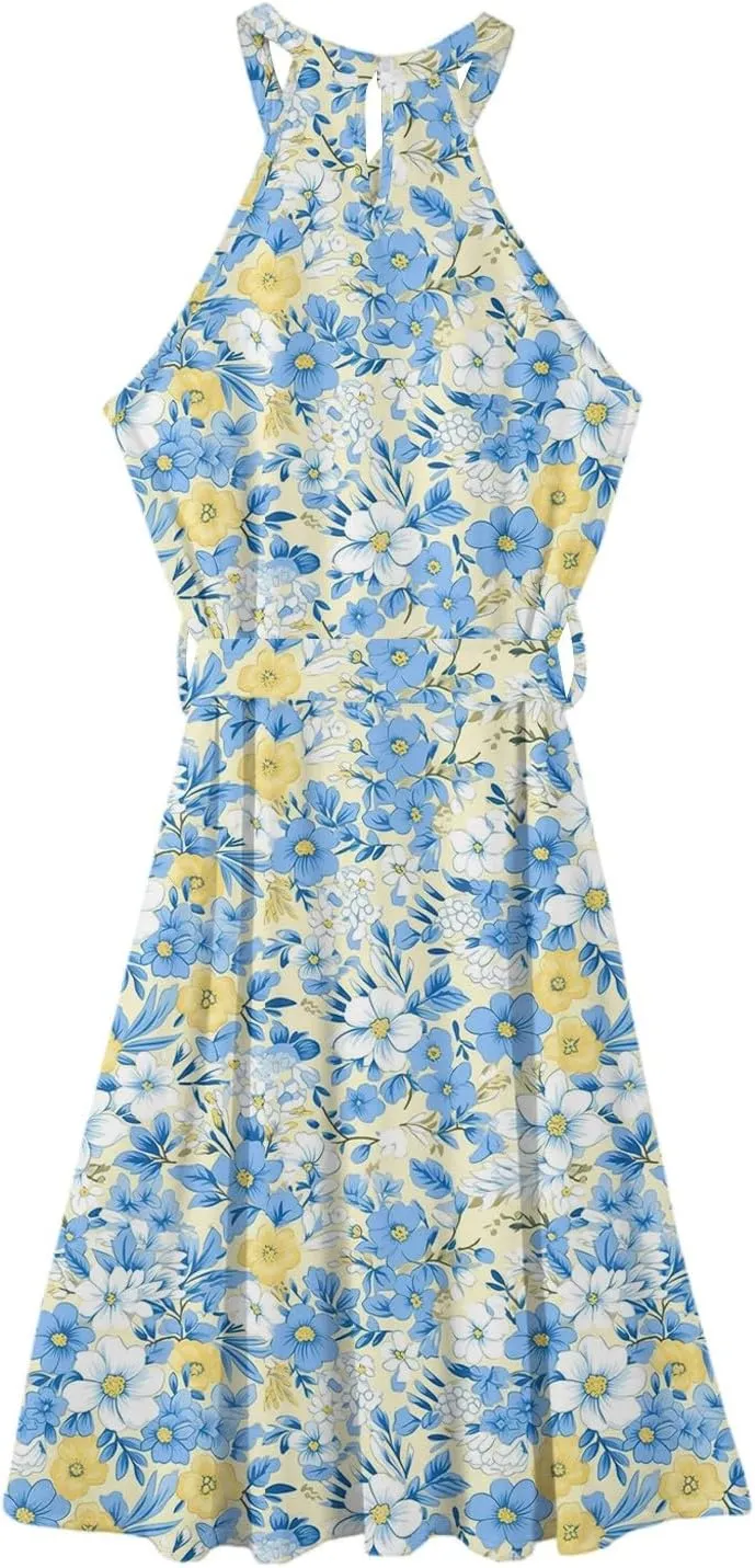 Women's Casual Fashion Halter Crew Neck Floral Print Basic Sleeveless Loose Boho Belt Ruffle Swing Hem Midi Sundress