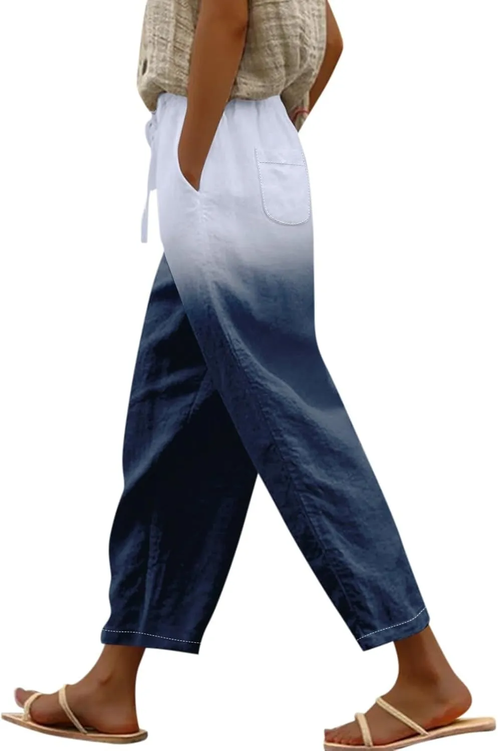 Womens Cotton Linen Pants Drawstring Capri Pants with Pockets Wide Wide Straight Leg Pants Women Elastic Waist Pants