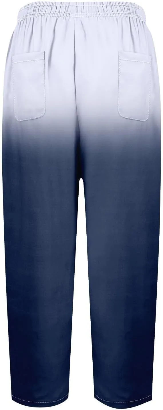 Womens Cotton Linen Pants Drawstring Capri Pants with Pockets Wide Wide Straight Leg Pants Women Elastic Waist Pants
