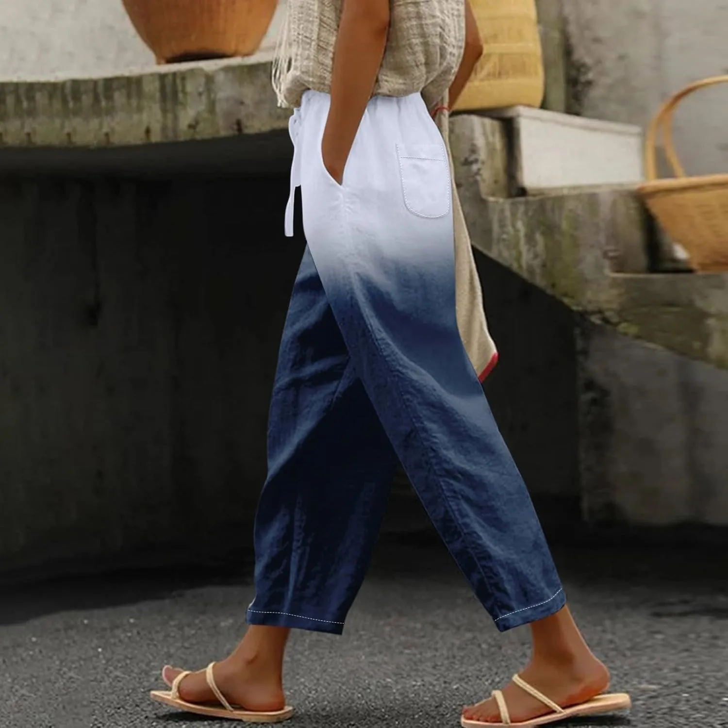 Womens Cotton Linen Pants Drawstring Capri Pants with Pockets Wide Wide Straight Leg Pants Women Elastic Waist Pants
