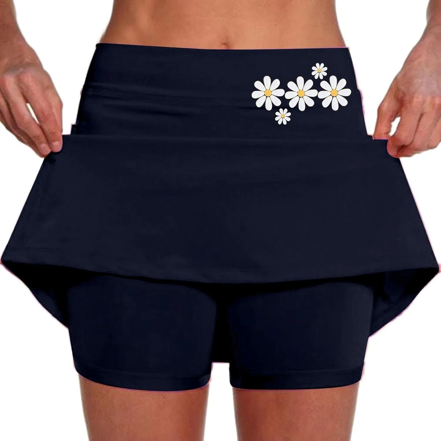 Women's Double Layered Tennis Skorts Baggy Elastic Waisted Casual Shirt High Waisted Stretchy Loose Lightweight Skirts