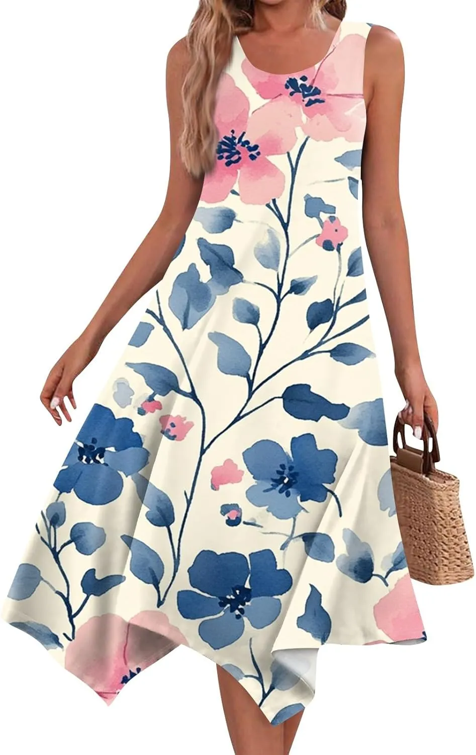 Womens Dresses Spring Sleeveless Pretty Flowy Crewneck Beautiful Party Loose Short Dress