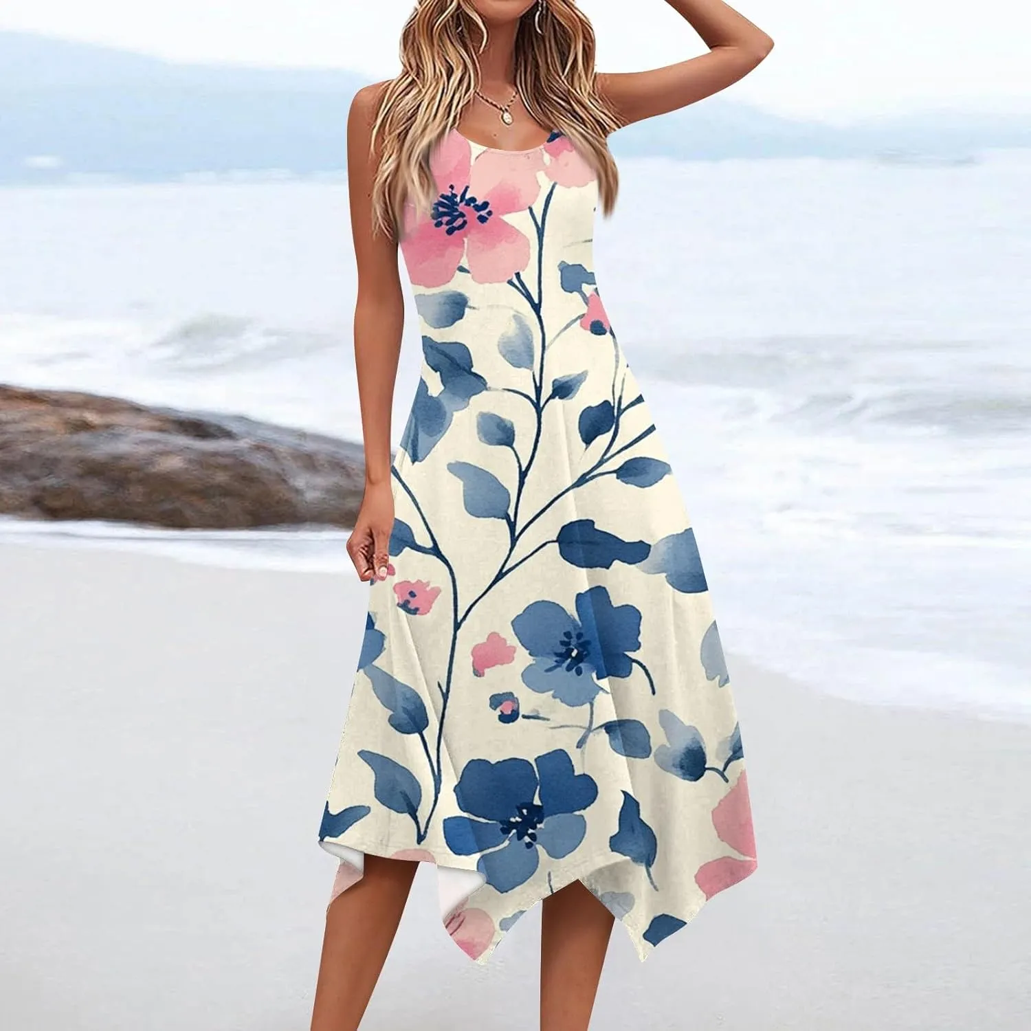 Womens Dresses Spring Sleeveless Pretty Flowy Crewneck Beautiful Party Loose Short Dress