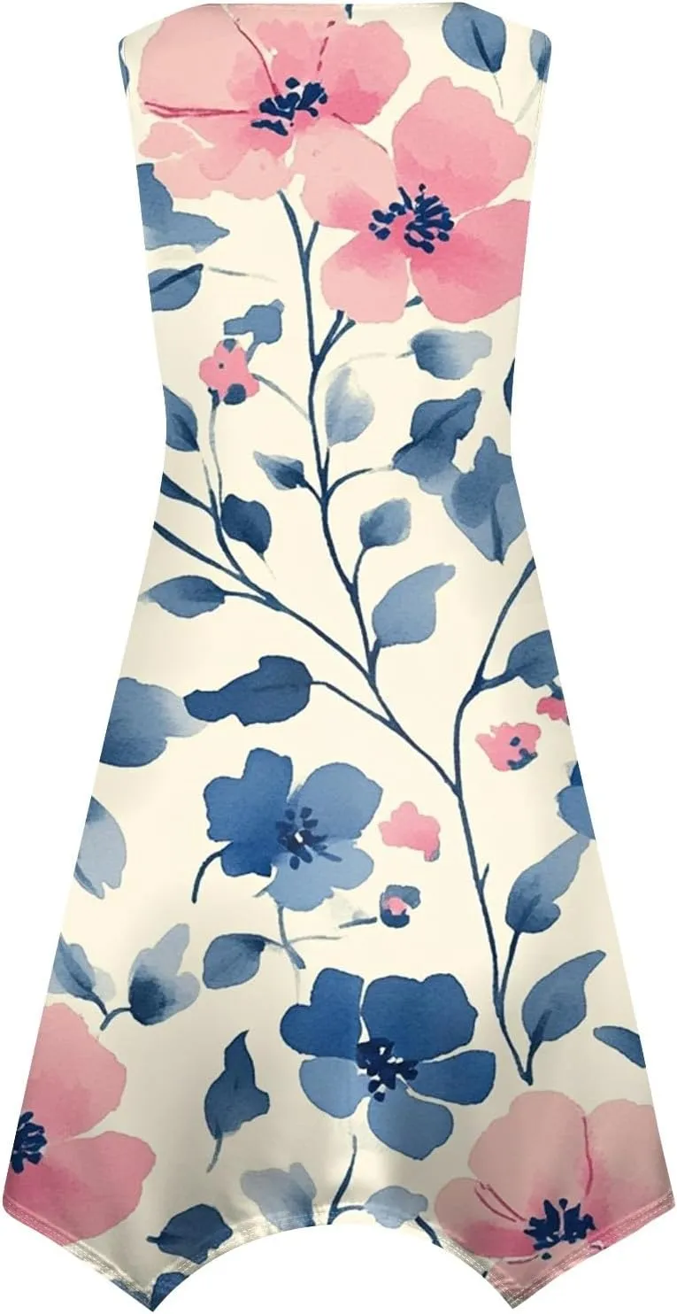 Womens Dresses Spring Sleeveless Pretty Flowy Crewneck Beautiful Party Loose Short Dress
