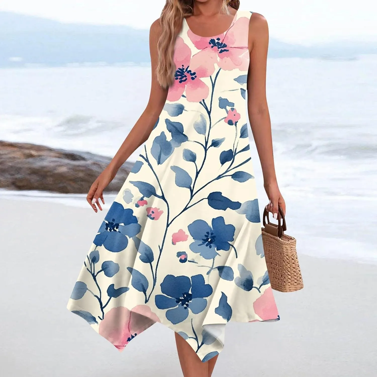 Womens Dresses Spring Sleeveless Pretty Flowy Crewneck Beautiful Party Loose Short Dress