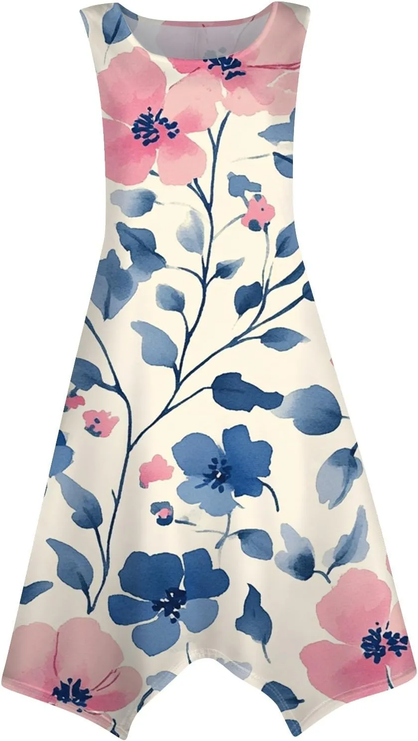 Womens Dresses Spring Sleeveless Pretty Flowy Crewneck Beautiful Party Loose Short Dress
