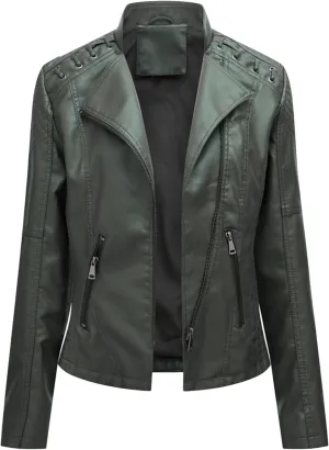 Women's Dressy Cinched Waist Short Jackets Slimming Solid Color Moto Jackets Oversized Elegant Faux Leather Jackets