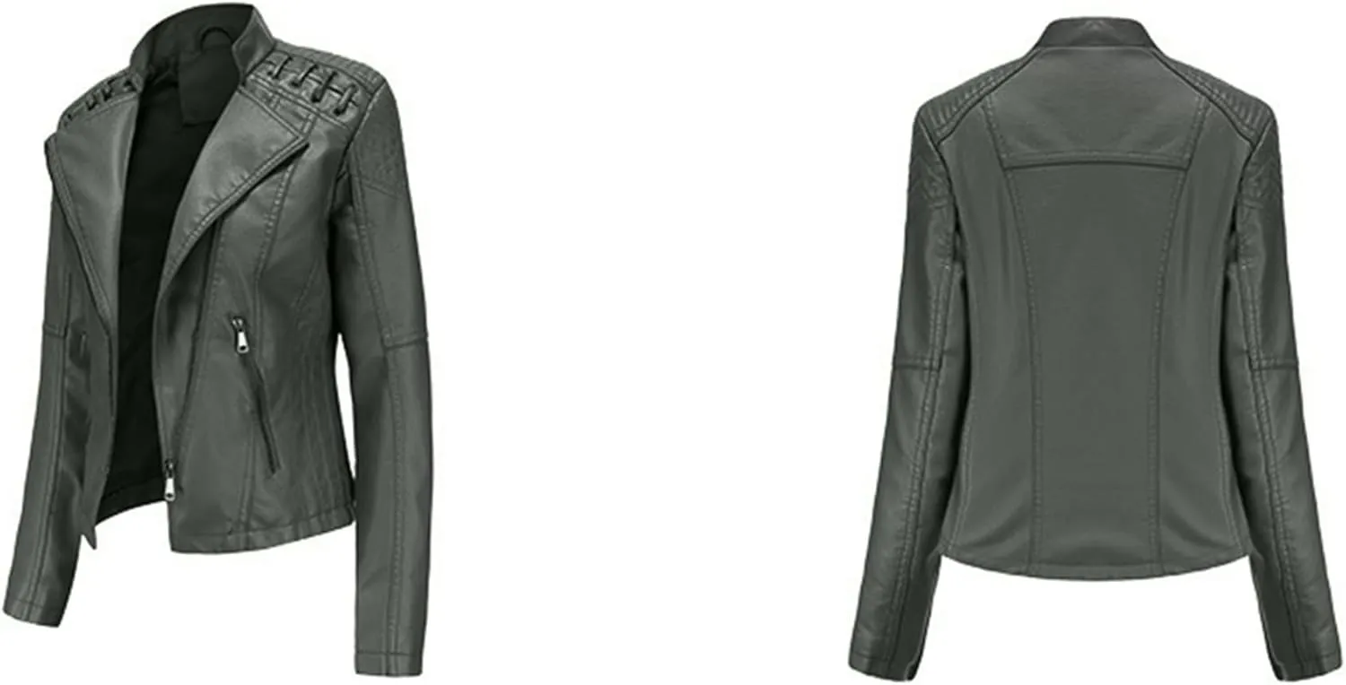 Women's Dressy Cinched Waist Short Jackets Slimming Solid Color Moto Jackets Oversized Elegant Faux Leather Jackets