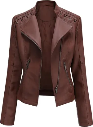 Women's Dressy Cinched Waist Short Jackets Slimming Solid Color Moto Jackets Oversized Elegant Faux Leather Jackets