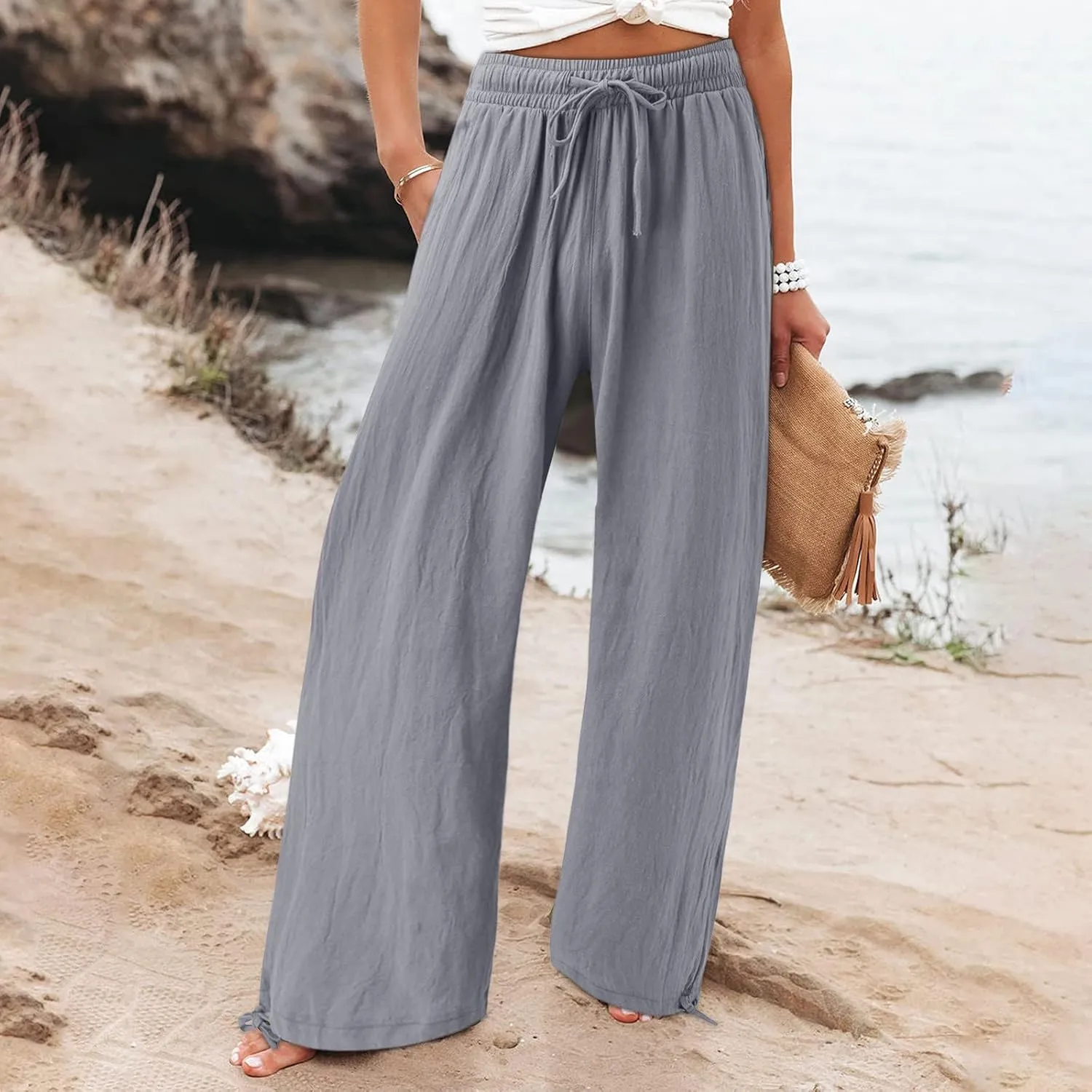 Womens Elastic High Waisted Palazzo Pants Cotton Linen Casual Wide Leg Long Lounge Pant Beach Yoga Trousers with Pocket