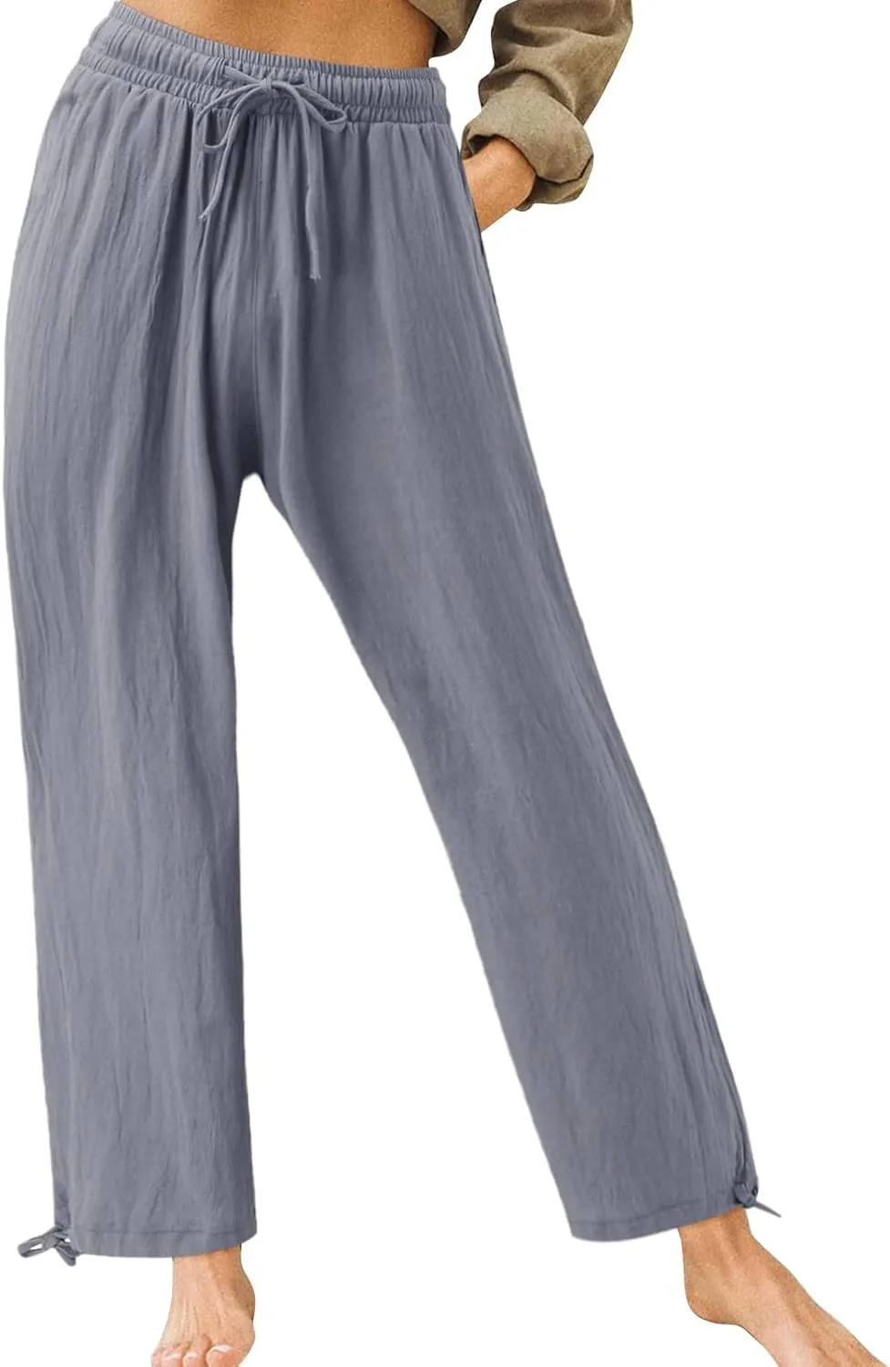 Womens Elastic High Waisted Palazzo Pants Cotton Linen Casual Wide Leg Long Lounge Pant Beach Yoga Trousers with Pocket