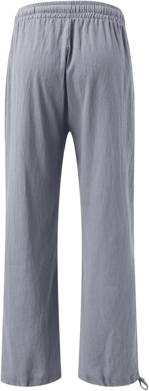 Womens Elastic High Waisted Palazzo Pants Cotton Linen Casual Wide Leg Long Lounge Pant Beach Yoga Trousers with Pocket