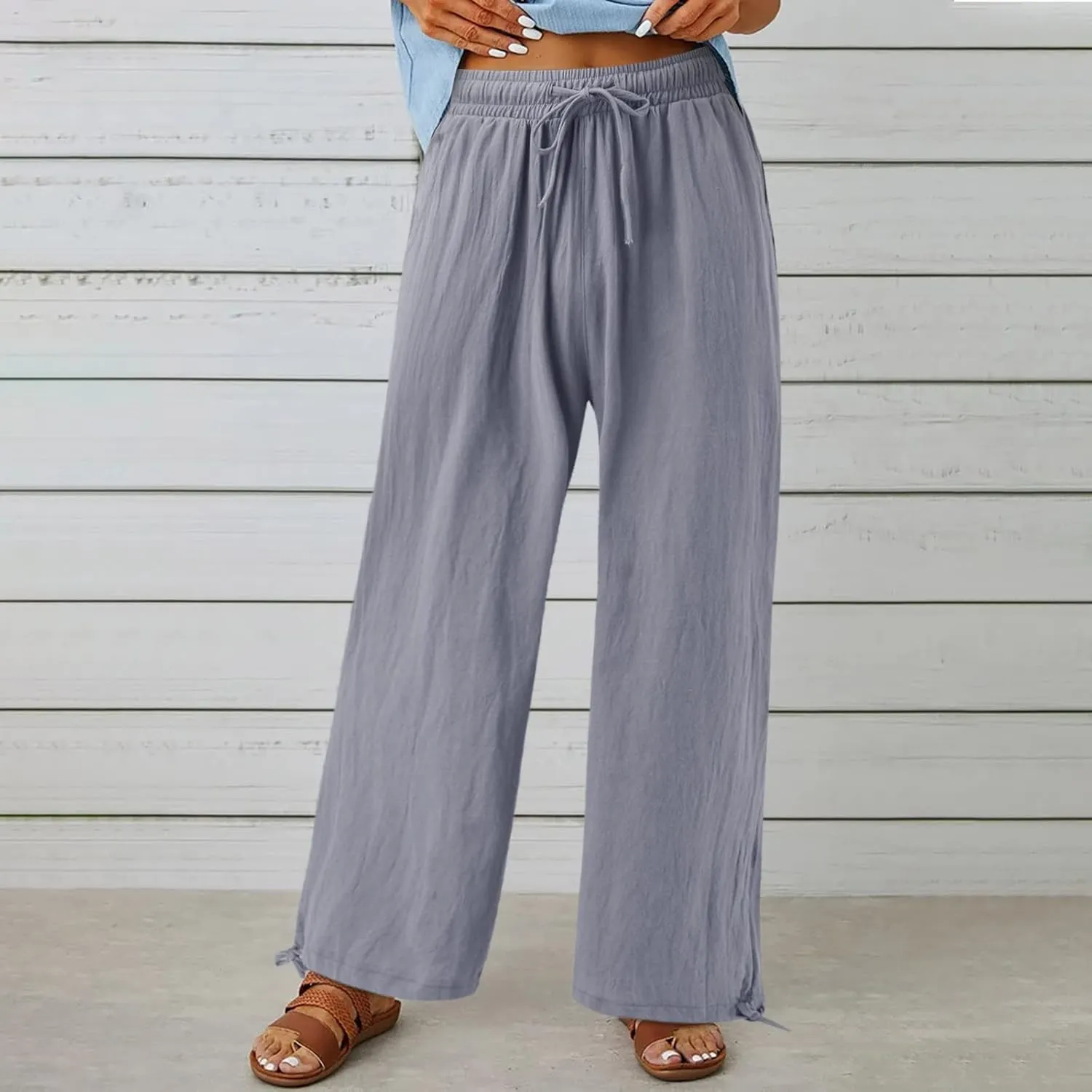 Womens Elastic High Waisted Palazzo Pants Cotton Linen Casual Wide Leg Long Lounge Pant Beach Yoga Trousers with Pocket