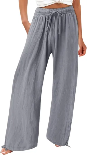 Womens Elastic High Waisted Palazzo Pants Cotton Linen Casual Wide Leg Long Lounge Pant Beach Yoga Trousers with Pocket