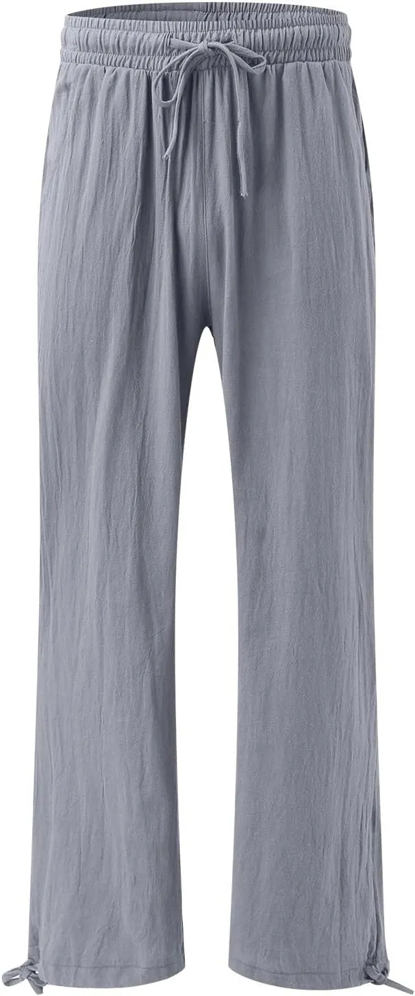 Womens Elastic High Waisted Palazzo Pants Cotton Linen Casual Wide Leg Long Lounge Pant Beach Yoga Trousers with Pocket