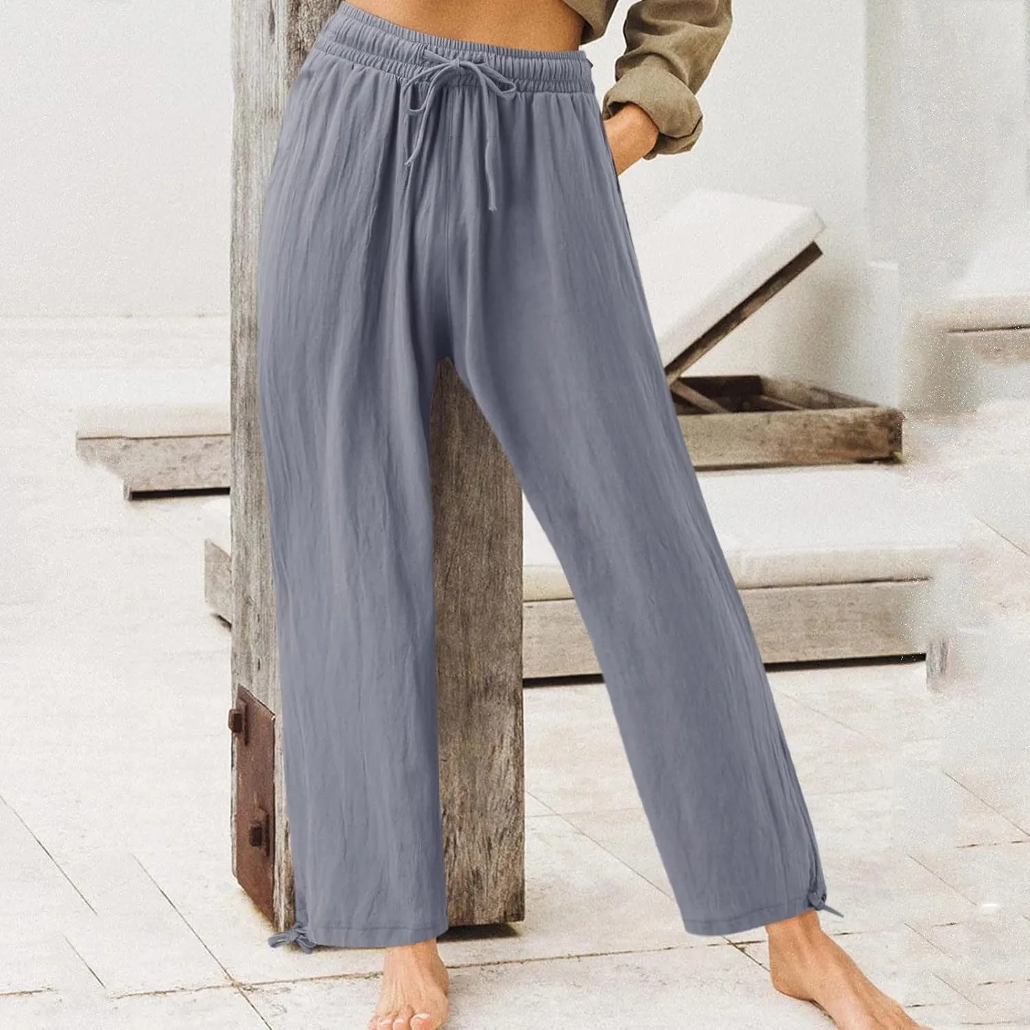 Womens Elastic High Waisted Palazzo Pants Cotton Linen Casual Wide Leg Long Lounge Pant Beach Yoga Trousers with Pocket