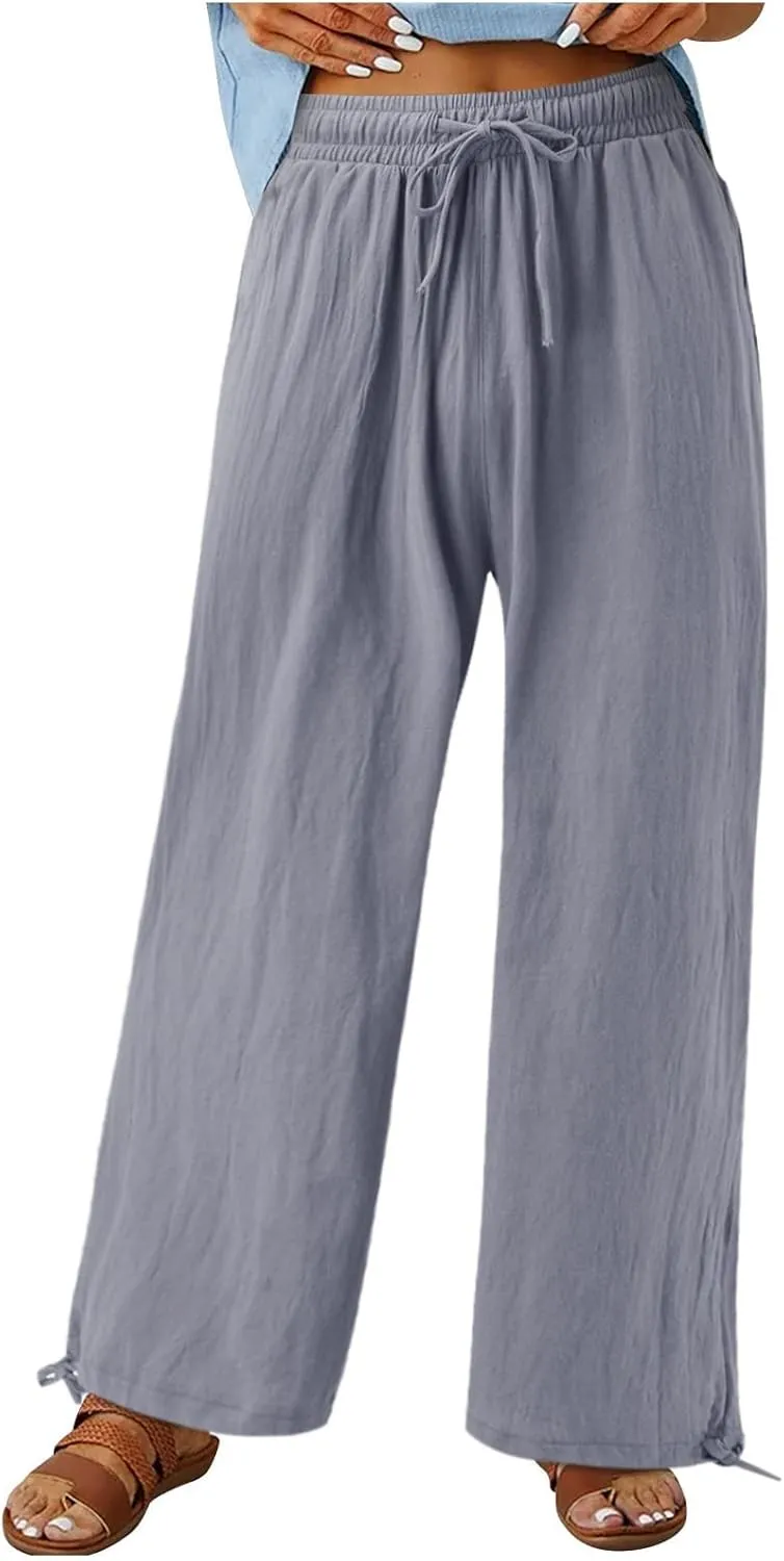 Womens Elastic High Waisted Palazzo Pants Cotton Linen Casual Wide Leg Long Lounge Pant Beach Yoga Trousers with Pocket