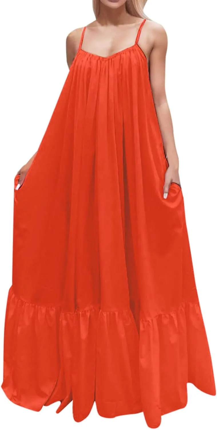 Womens Elegant Sleeveless Color Block Pleated Maxi Dress Low Cut Patchwork Swing Dress High Waist A Line Flowy Sling Dress