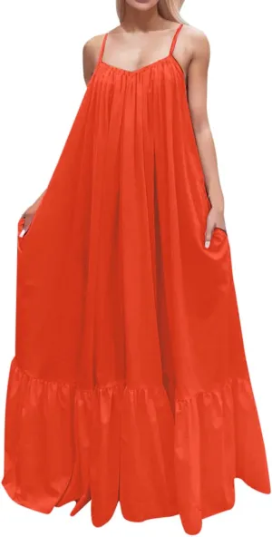 Womens Elegant Sleeveless Color Block Pleated Maxi Dress Low Cut Patchwork Swing Dress High Waist A Line Flowy Sling Dress