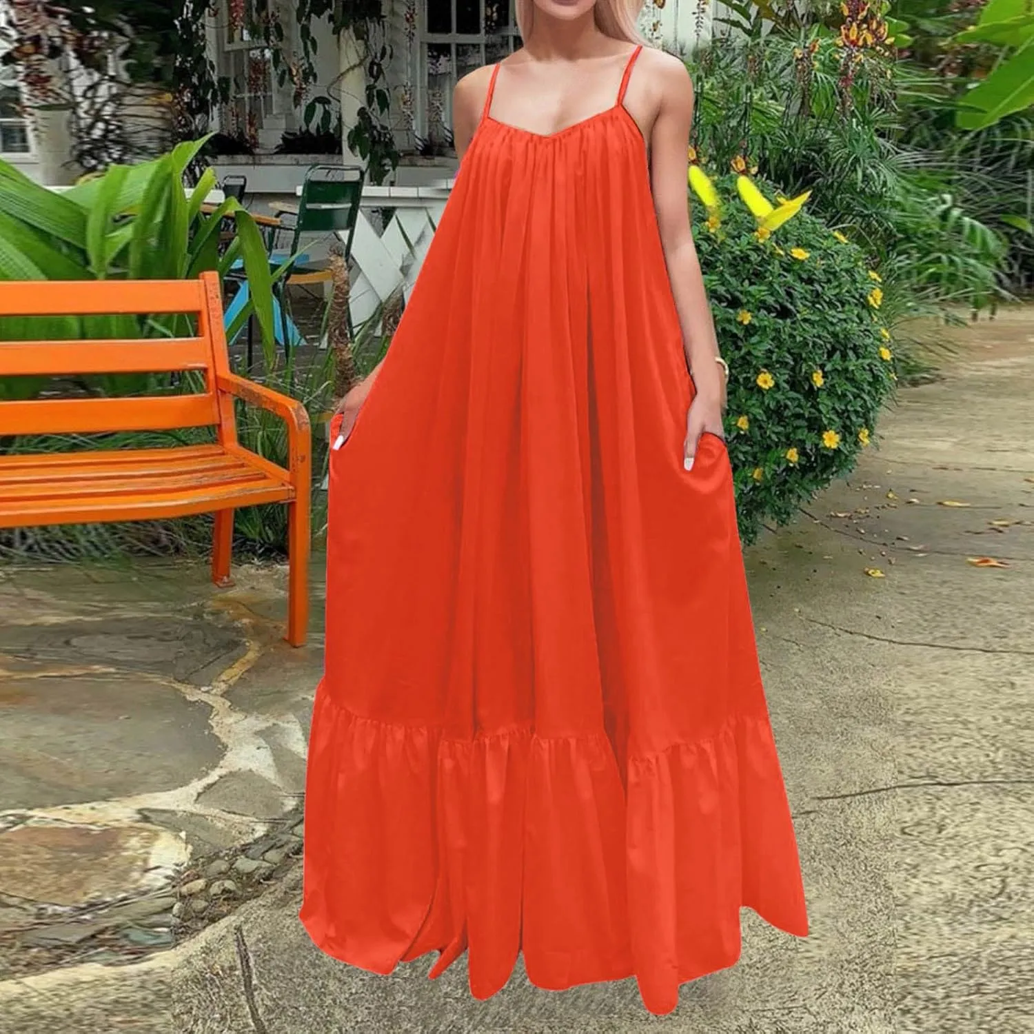 Womens Elegant Sleeveless Color Block Pleated Maxi Dress Low Cut Patchwork Swing Dress High Waist A Line Flowy Sling Dress