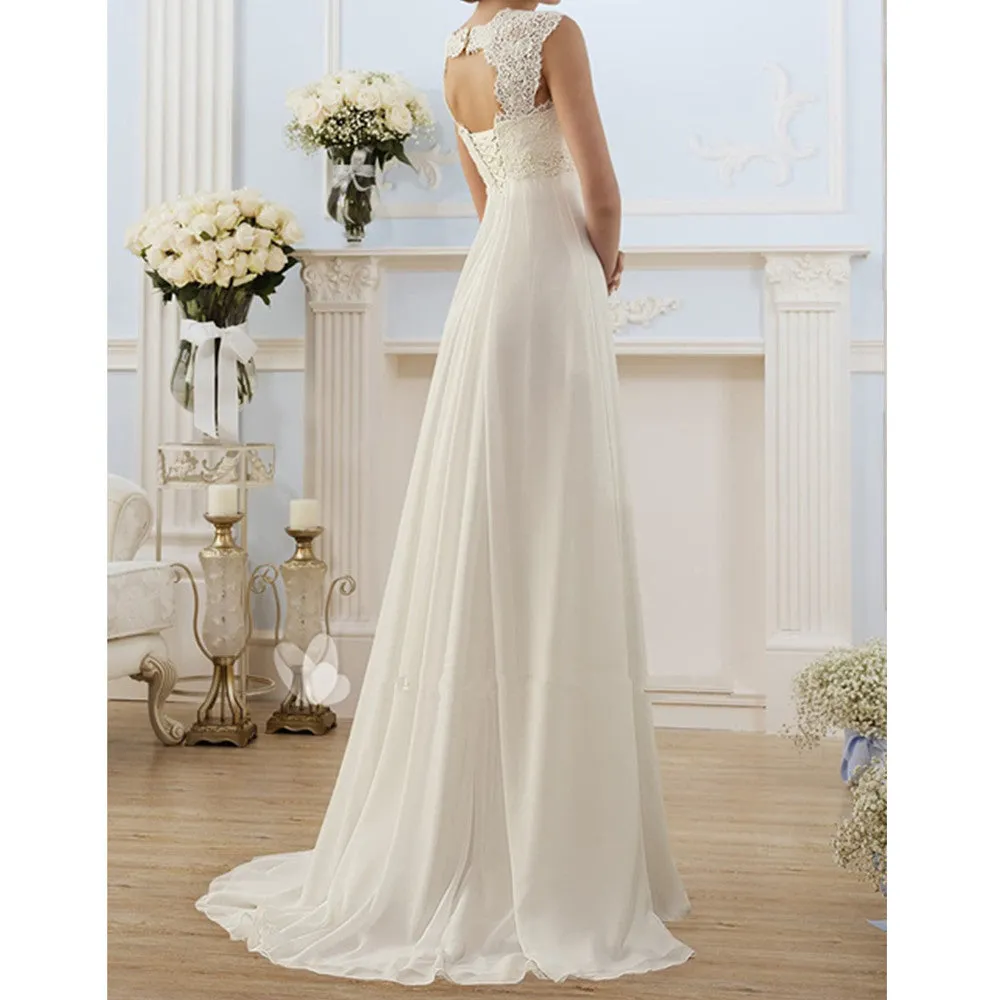 Womens Evening Dress  Lace Bodice  Empire Waist  Full-Length Flowy Skirt