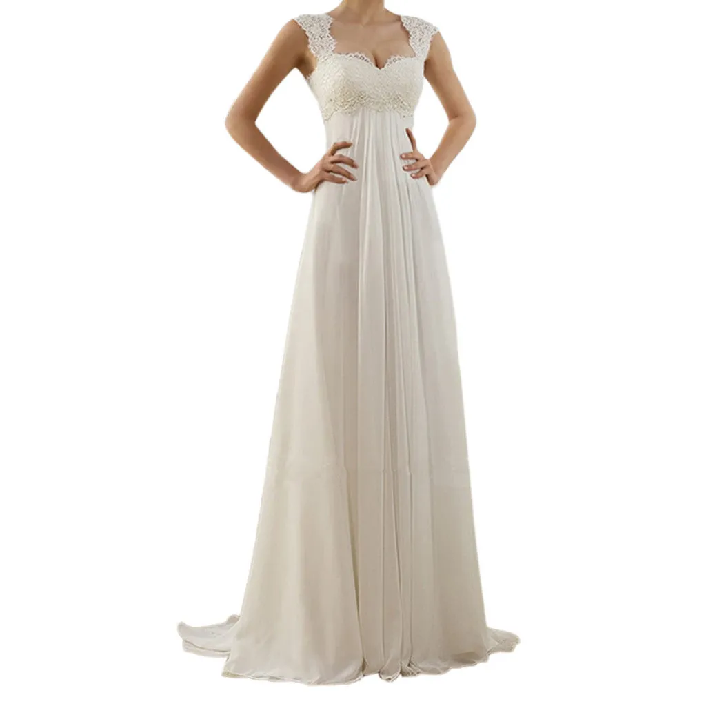 Womens Evening Dress  Lace Bodice  Empire Waist  Full-Length Flowy Skirt