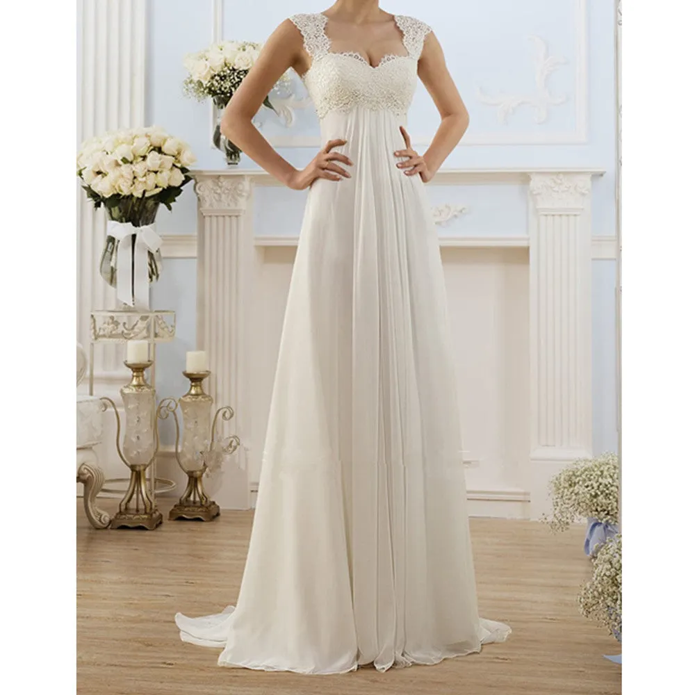 Womens Evening Dress  Lace Bodice  Empire Waist  Full-Length Flowy Skirt