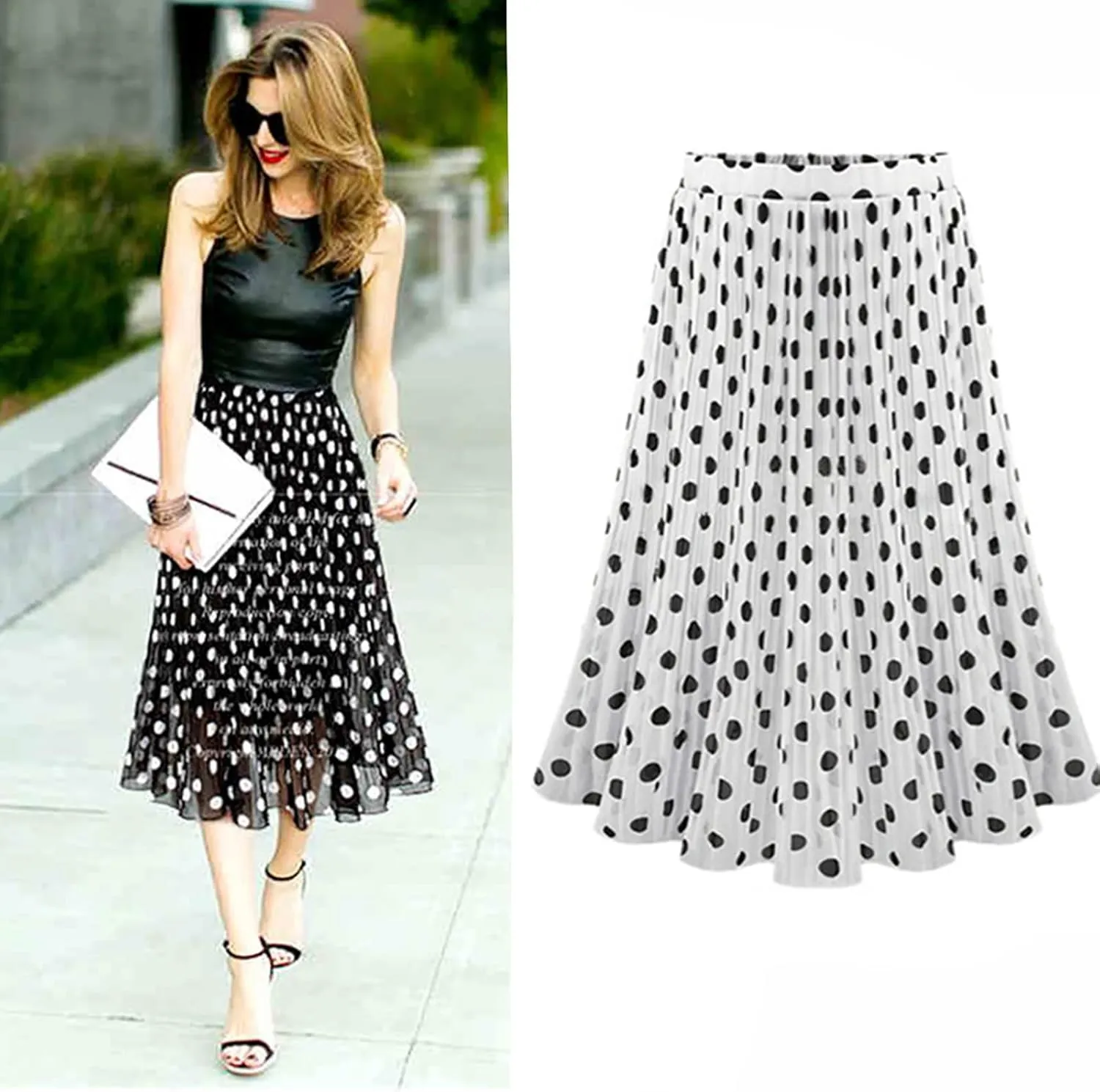 Womens Fashion Casual Polka Dot Pleated High Waist Midi Skirt Flared Double-Layered Mesh Midi Skirt Puffy Summer
