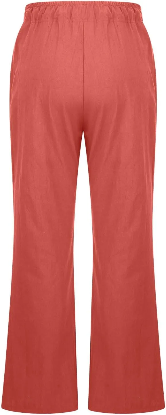 Women's Flare Pants Linen Casual Summer Pants High Waistd Comfy Pants Loose Trendy Work Pants with Pockets Trousers