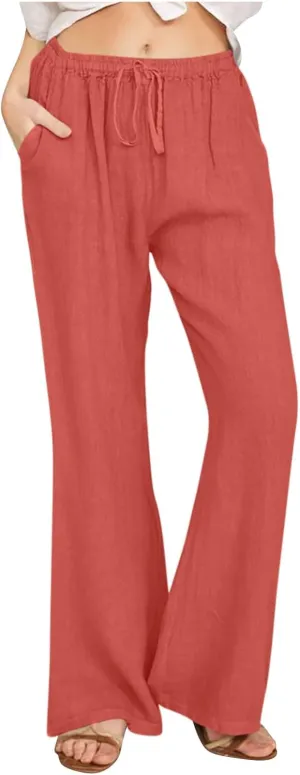 Women's Flare Pants Linen Casual Summer Pants High Waistd Comfy Pants Loose Trendy Work Pants with Pockets Trousers
