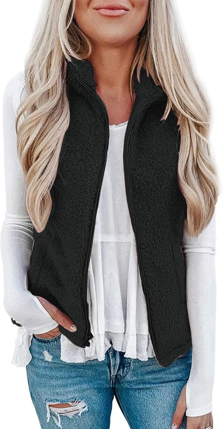 Womens Fleece Vest Lightweight Sleeveless Sherpa Jackets Casual Warm Zipper Vest Winter Outerwear with Pockets