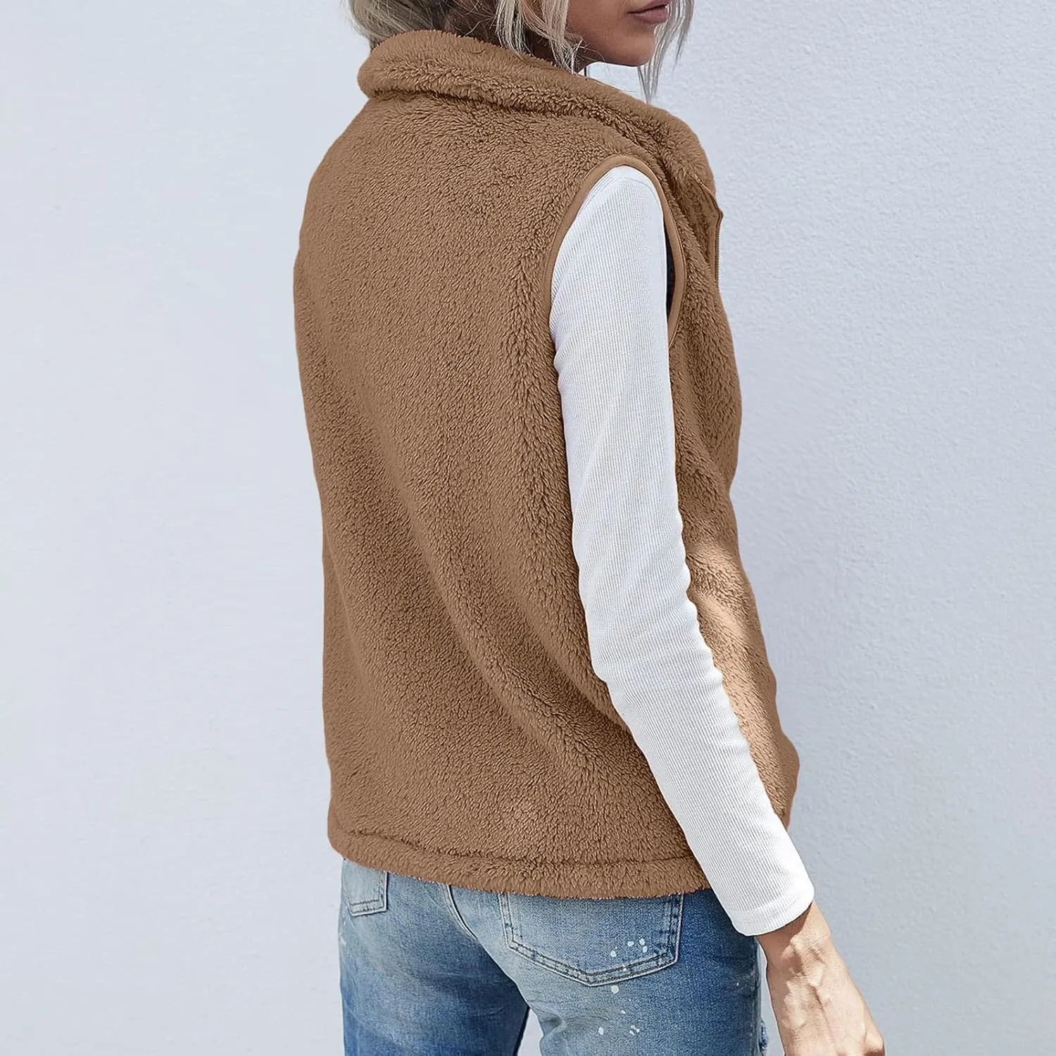 Womens Fleece Vest Lightweight Sleeveless Sherpa Jackets Casual Warm Zipper Vest Winter Outerwear with Pockets