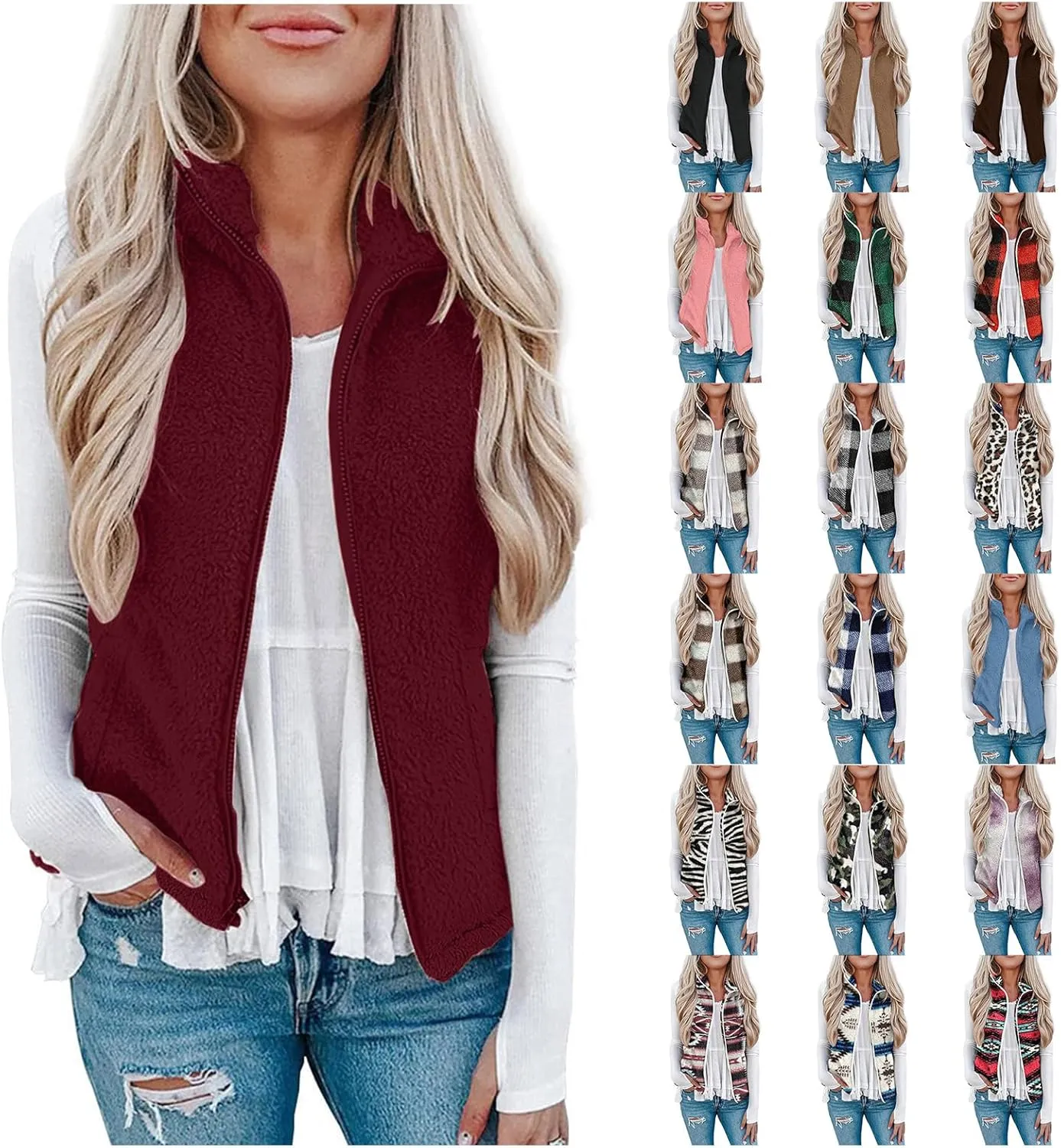 Womens Fleece Vest Lightweight Sleeveless Sherpa Jackets Casual Warm Zipper Vest Winter Outerwear with Pockets