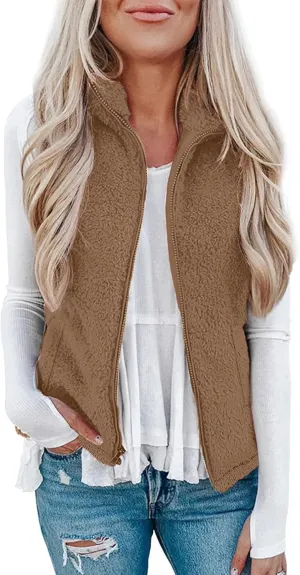 Womens Fleece Vest Lightweight Sleeveless Sherpa Jackets Casual Warm Zipper Vest Winter Outerwear with Pockets