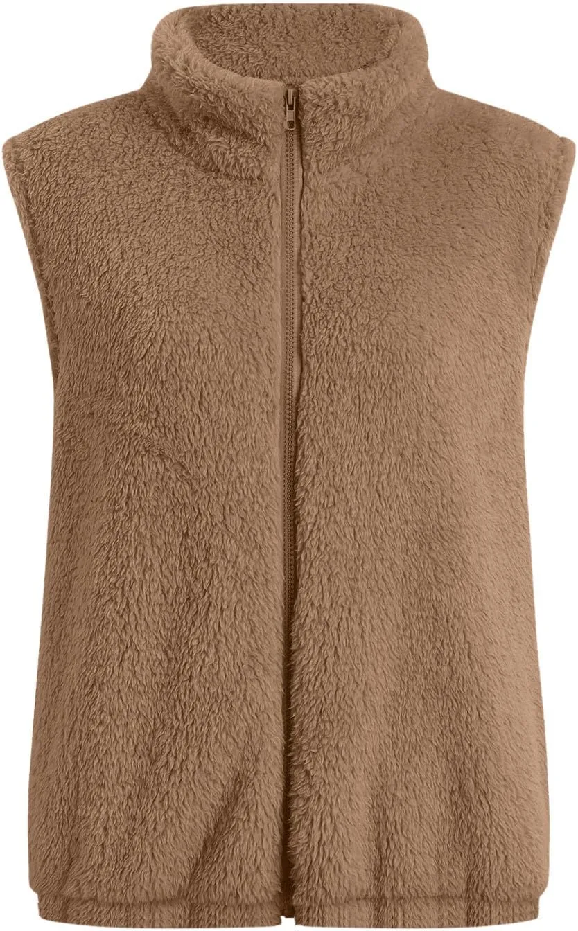 Womens Fleece Vest Lightweight Sleeveless Sherpa Jackets Casual Warm Zipper Vest Winter Outerwear with Pockets