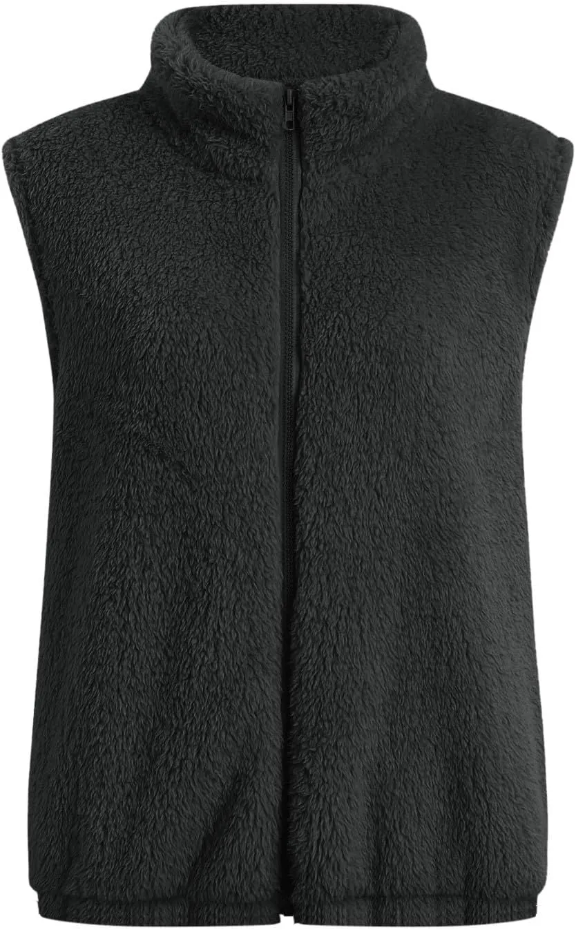 Womens Fleece Vest Lightweight Sleeveless Sherpa Jackets Casual Warm Zipper Vest Winter Outerwear with Pockets