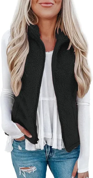 Womens Fleece Vest Lightweight Sleeveless Sherpa Jackets Casual Warm Zipper Vest Winter Outerwear with Pockets