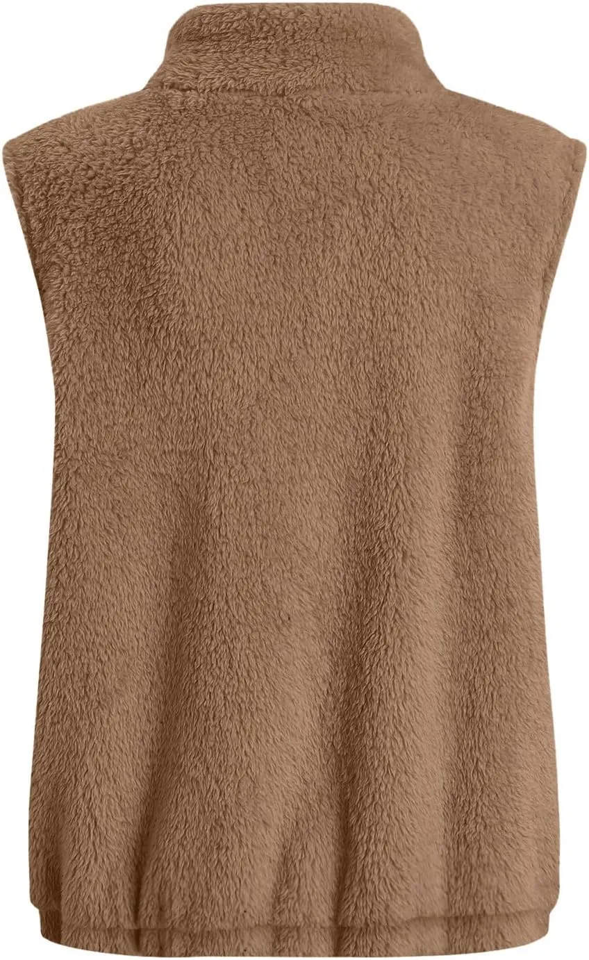 Womens Fleece Vest Lightweight Sleeveless Sherpa Jackets Casual Warm Zipper Vest Winter Outerwear with Pockets