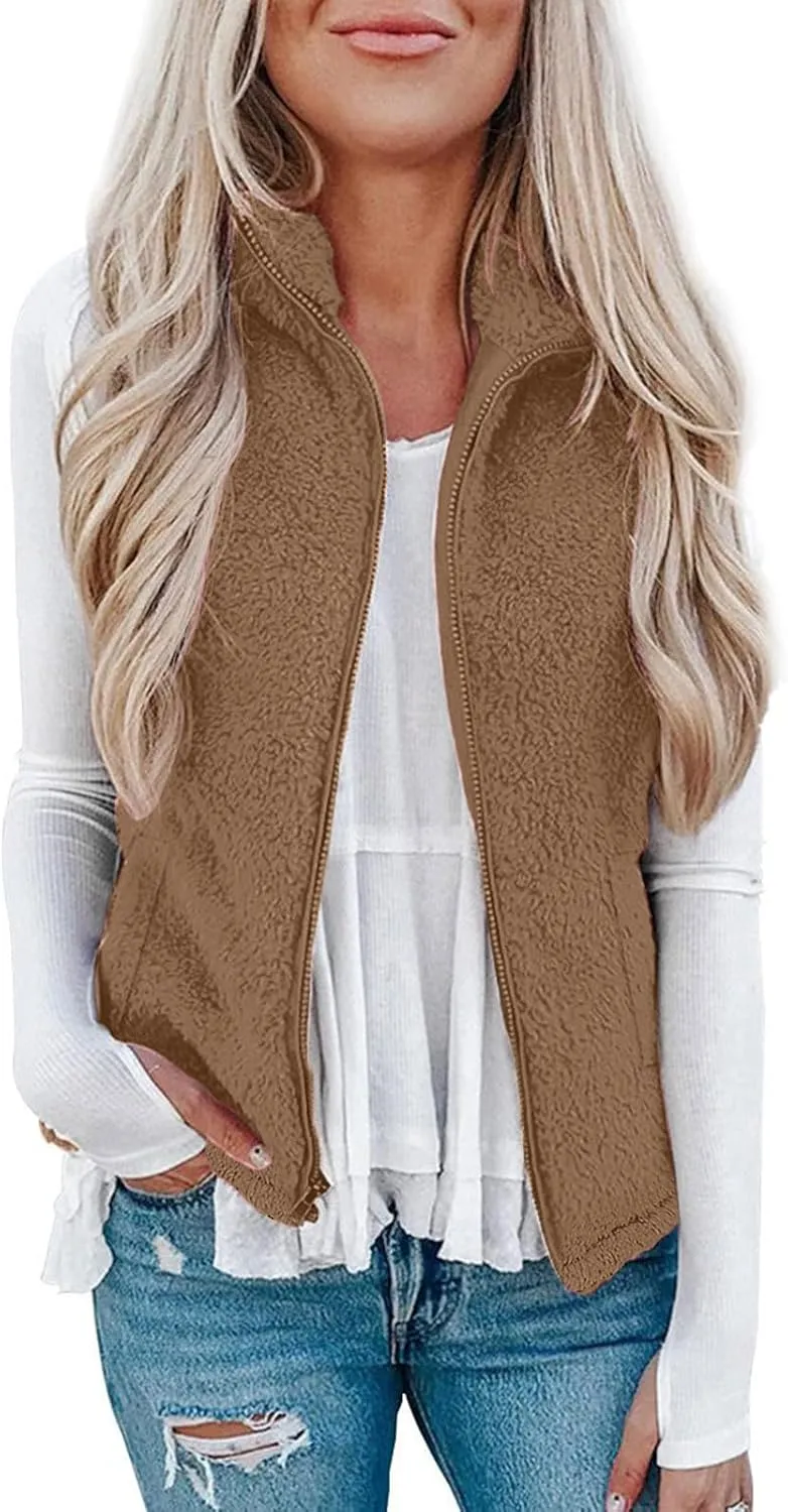 Womens Fleece Vest Lightweight Sleeveless Sherpa Jackets Casual Warm Zipper Vest Winter Outerwear with Pockets