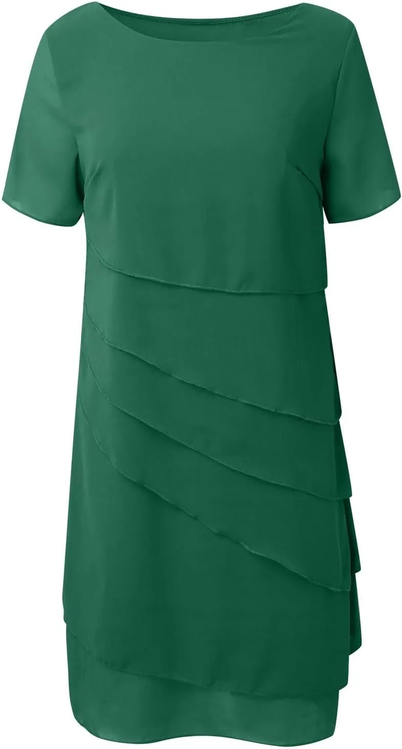 Womens Flowy Tiered Chiffon Dress Summer Elegant Short Sleeve Layered Midi Wedding Guest Cocktail Dresses