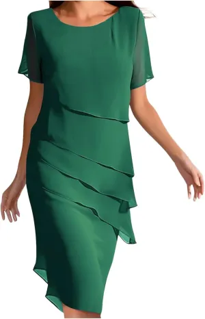Womens Flowy Tiered Chiffon Dress Summer Elegant Short Sleeve Layered Midi Wedding Guest Cocktail Dresses