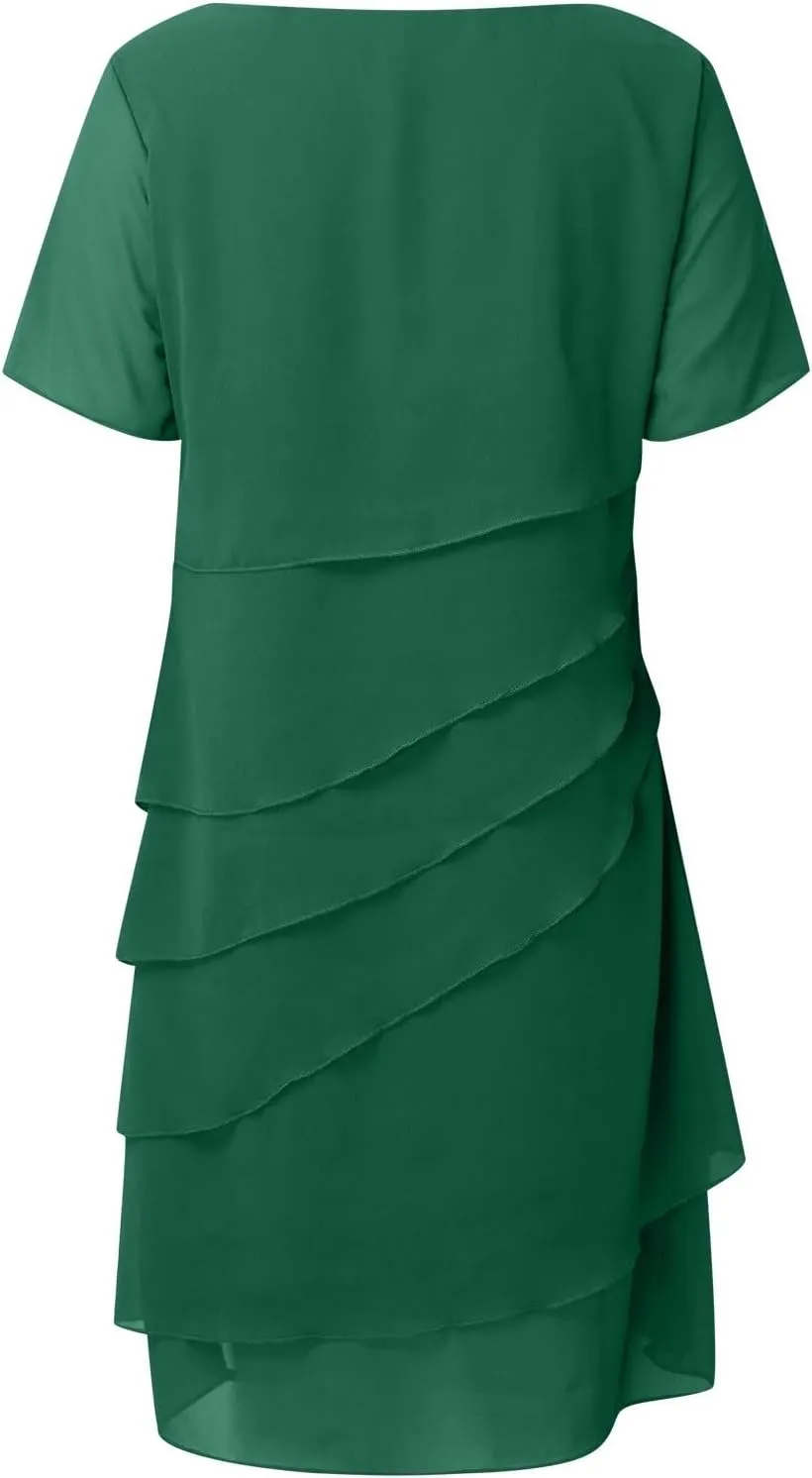 Womens Flowy Tiered Chiffon Dress Summer Elegant Short Sleeve Layered Midi Wedding Guest Cocktail Dresses