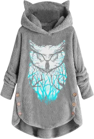 Women's Fuzzy Fleece Oversized Hoodies Cat Ear Hooded Pullover Sweatshirts Cute Owl Print Winter Warm Coats Tops