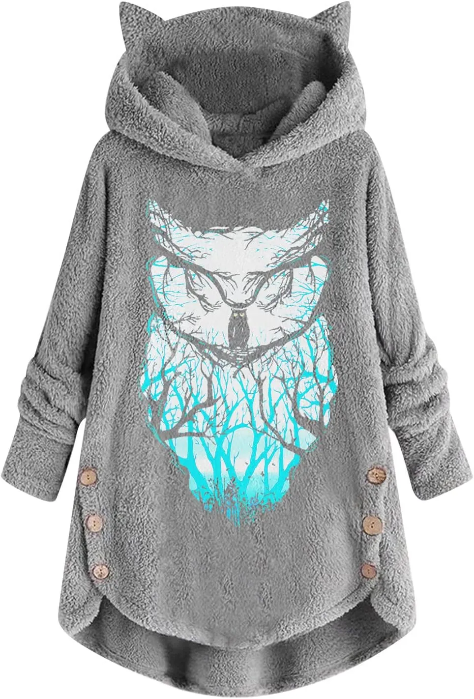 Women's Fuzzy Fleece Oversized Hoodies Cat Ear Hooded Pullover Sweatshirts Cute Owl Print Winter Warm Coats Tops