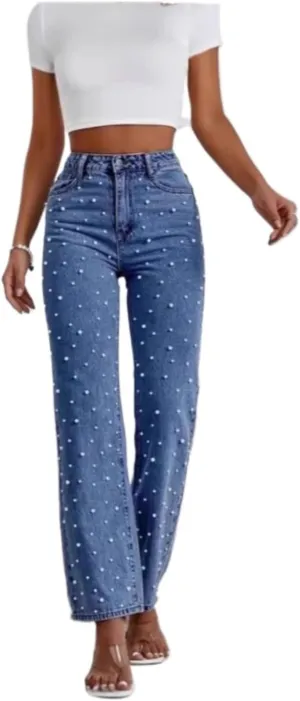 Women's high Waist Pearl Jeans Irregular Loose Straight Casual Jeans