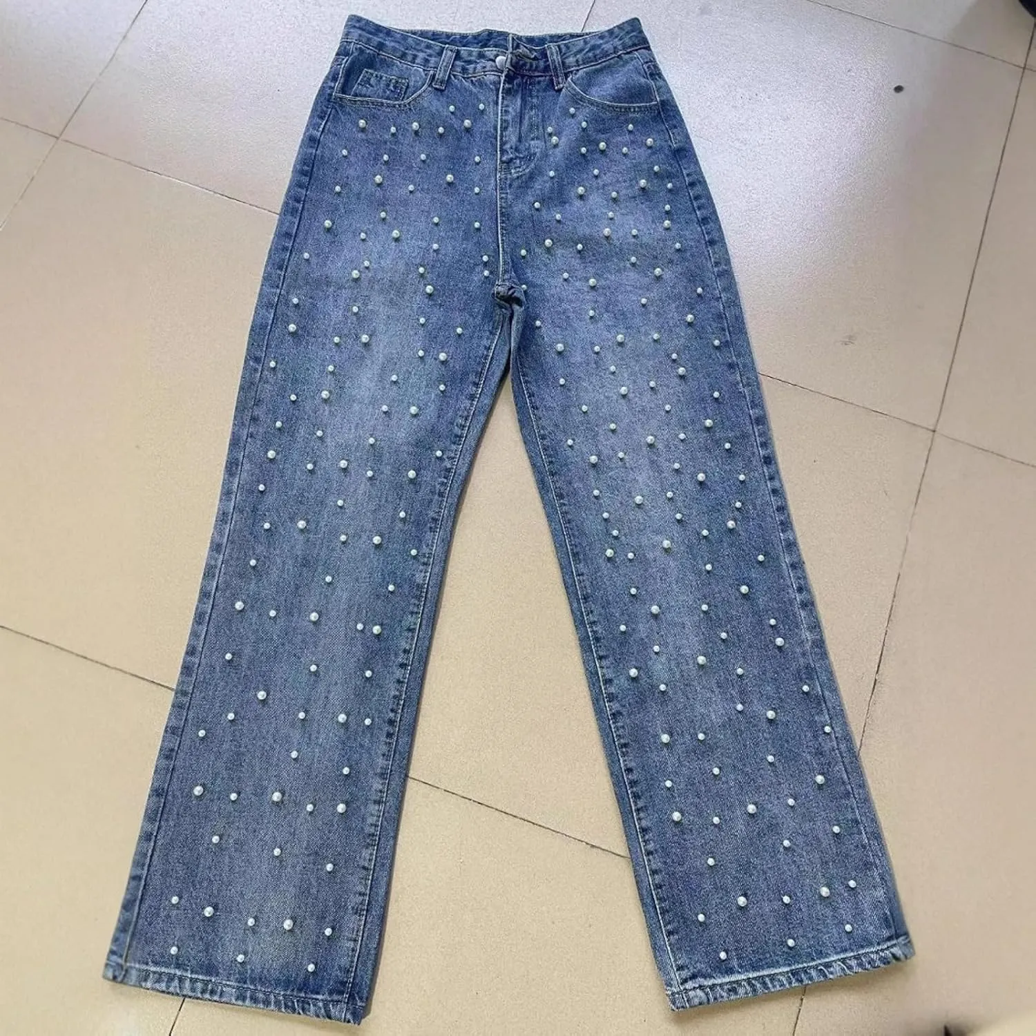 Women's high Waist Pearl Jeans Irregular Loose Straight Casual Jeans