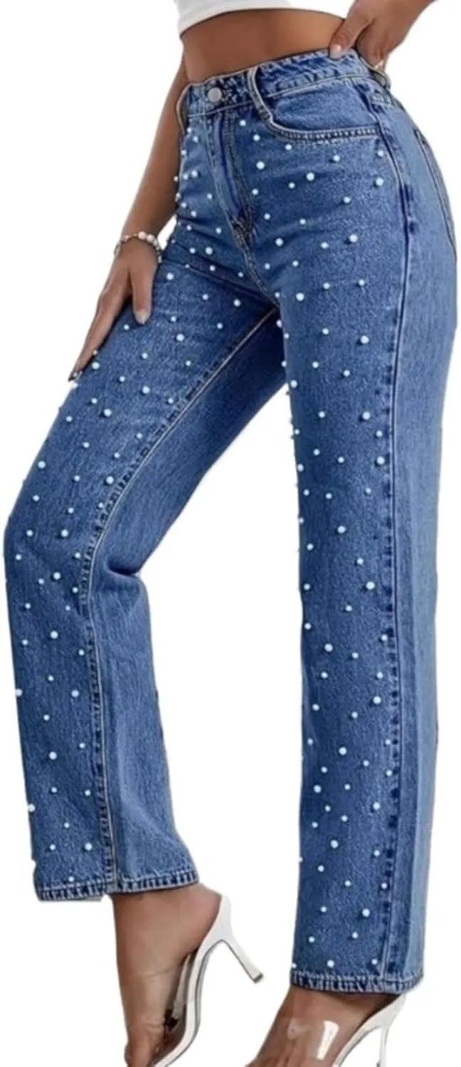 Women's high Waist Pearl Jeans Irregular Loose Straight Casual Jeans