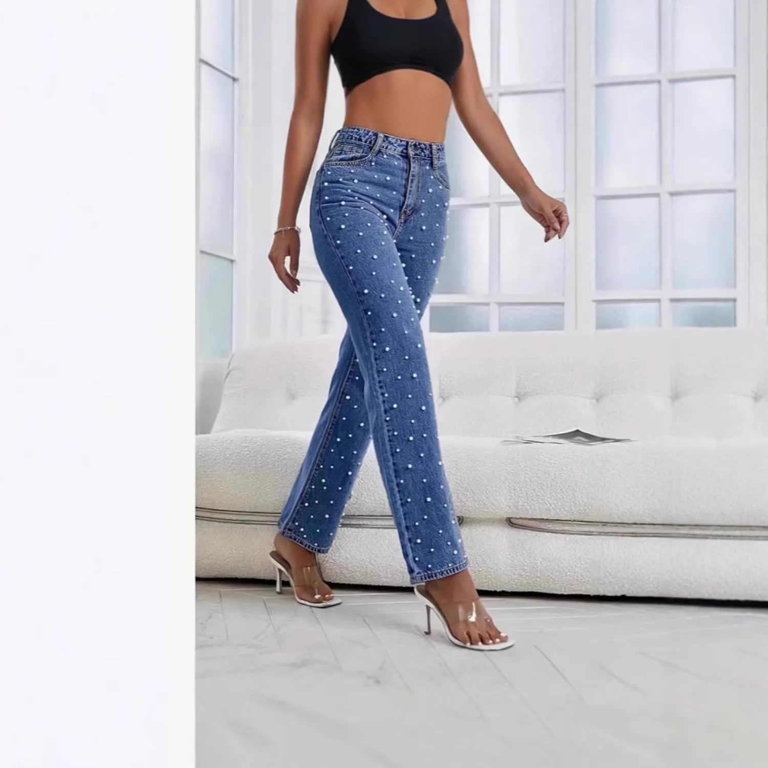 Women's high Waist Pearl Jeans Irregular Loose Straight Casual Jeans